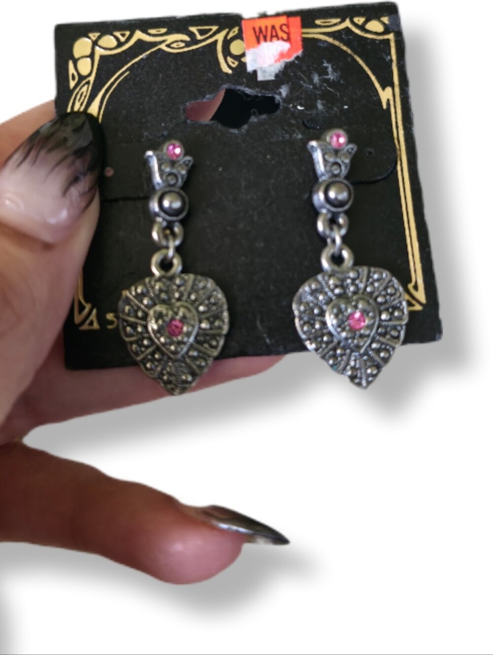 Vintage-Inspired Silver Heart Drop Earrings with Pink Accents